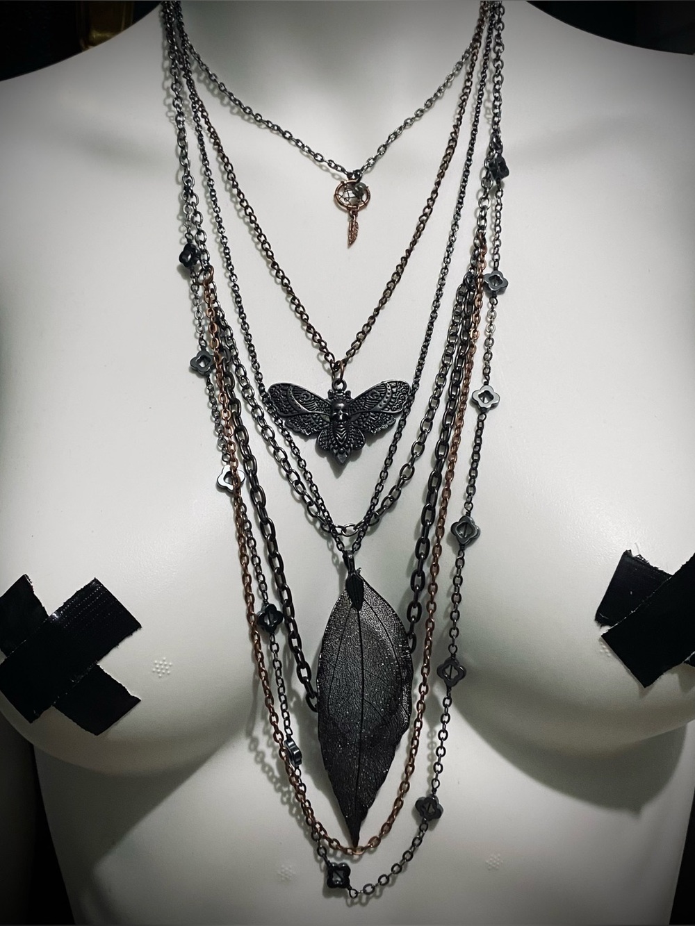 Handmade Deathmoth Leaf Dream catcher Layered Chain Copper Gunmetal Necklace